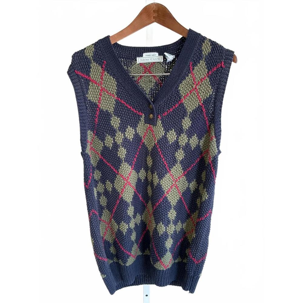 Izod Club Men’s Hand Knit Argyle Pattern Cotton Vest, Large. Golf/Casual Tall